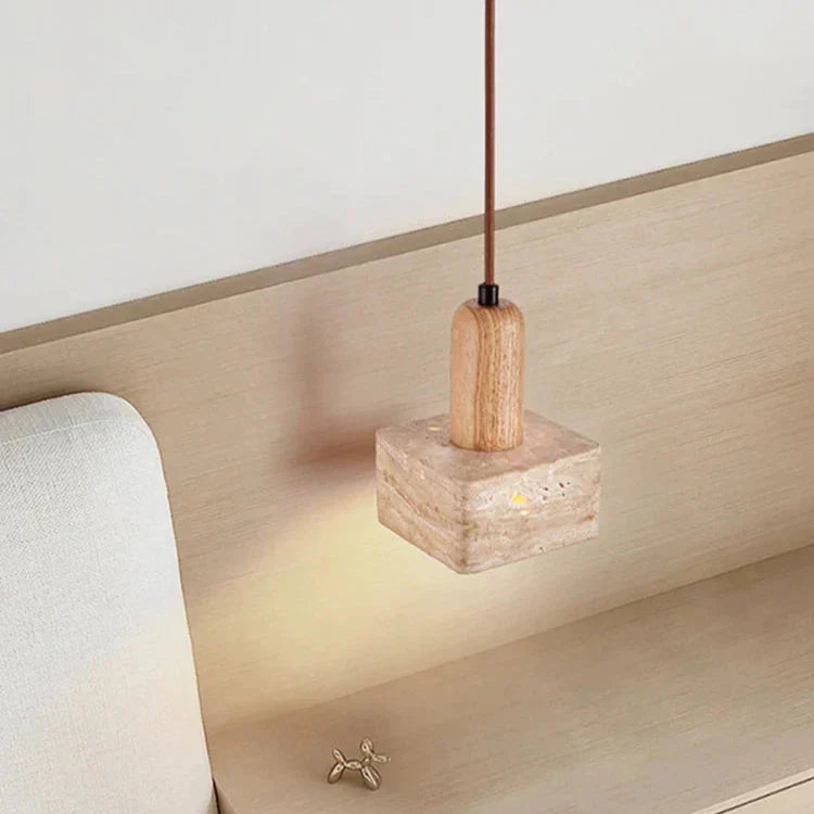 Lampada a sospensione LED quadrata di lusso in travertino e legno