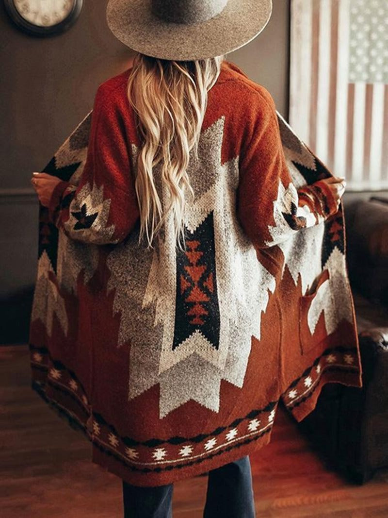 Cárdigan de punto elegante de mujer con estampado azteca y bolsillos