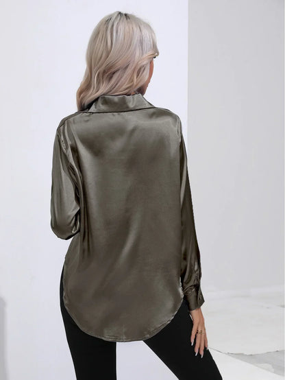 Ladies Luxe Satin Blouse with Collar and Curved Hem