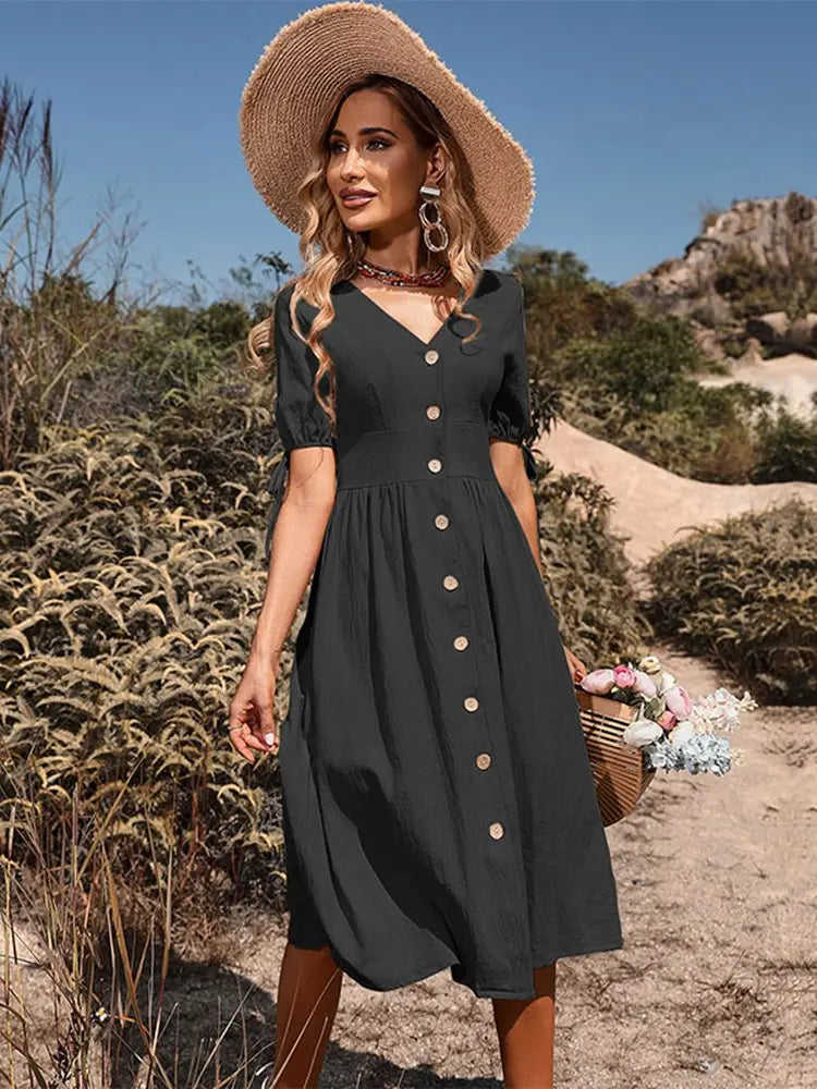 V-neck Cotton Spring/Summer Dress - Annelies