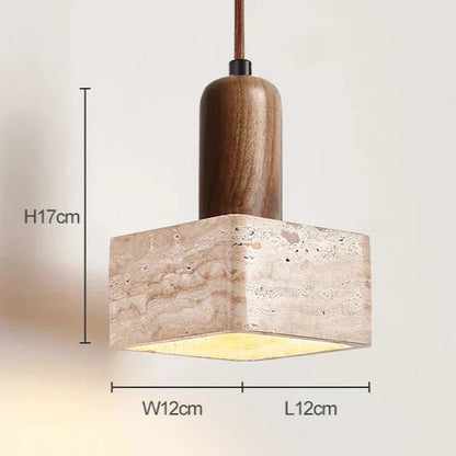 Lámpara colgante cuadrada LED de lujo de travertino y madera