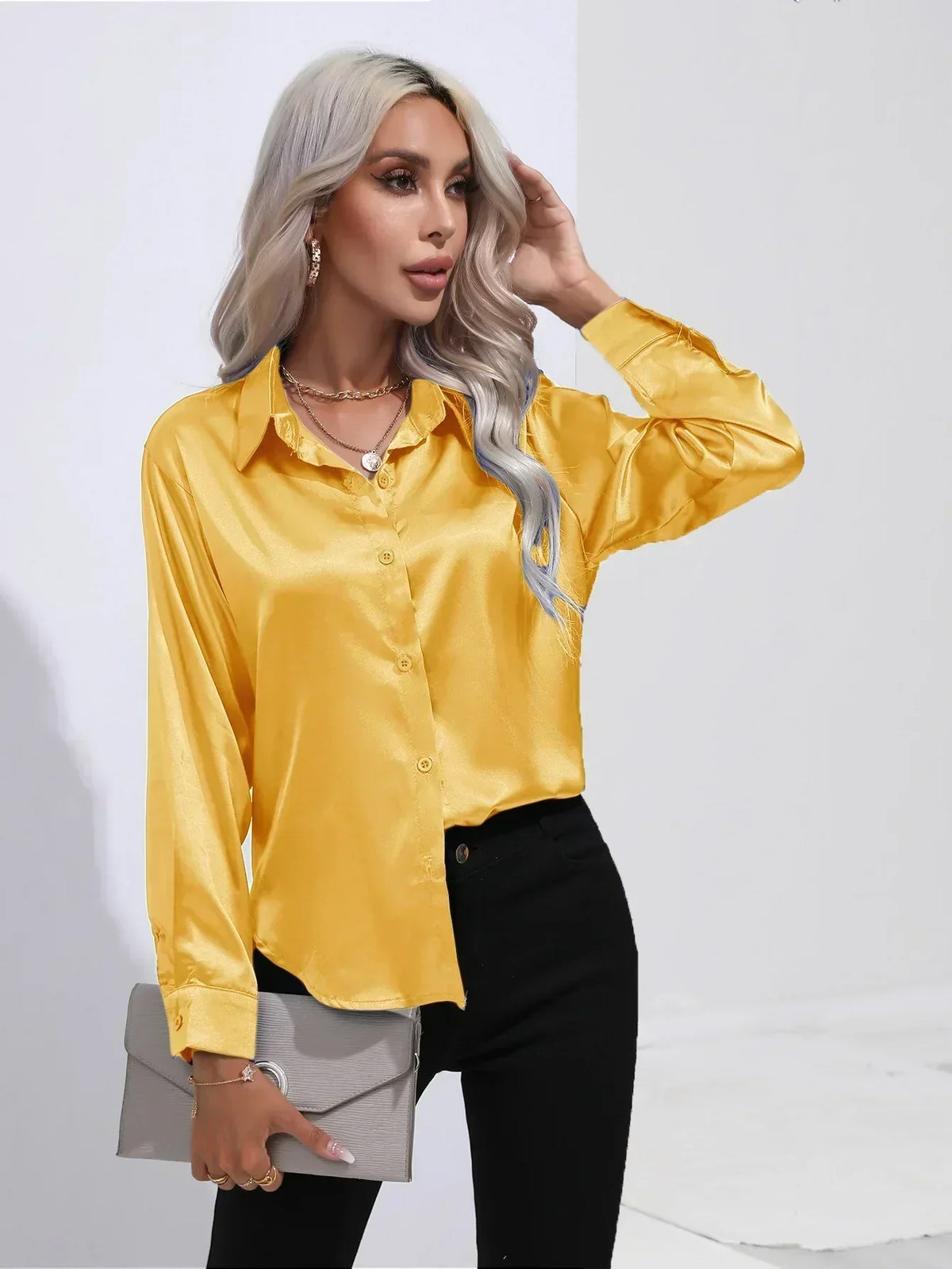 Ladies Luxe Satin Blouse with Collar and Curved Hem