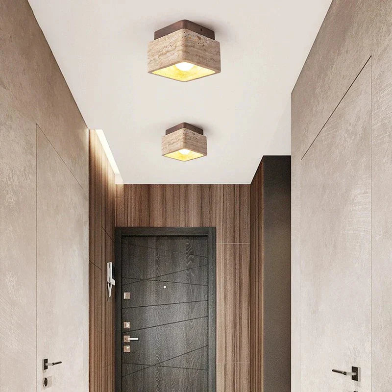 Nordic LED Ceiling Lamp made of Travertine Stone and Wood