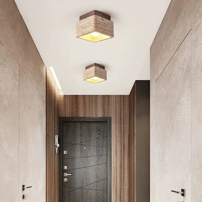 Nordic LED Ceiling Lamp made of Travertine Stone and Wood