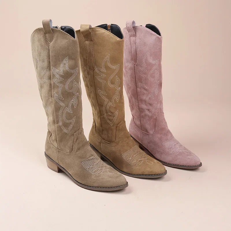 Embroidered Western Cowboy Boots with Low Heel for Women