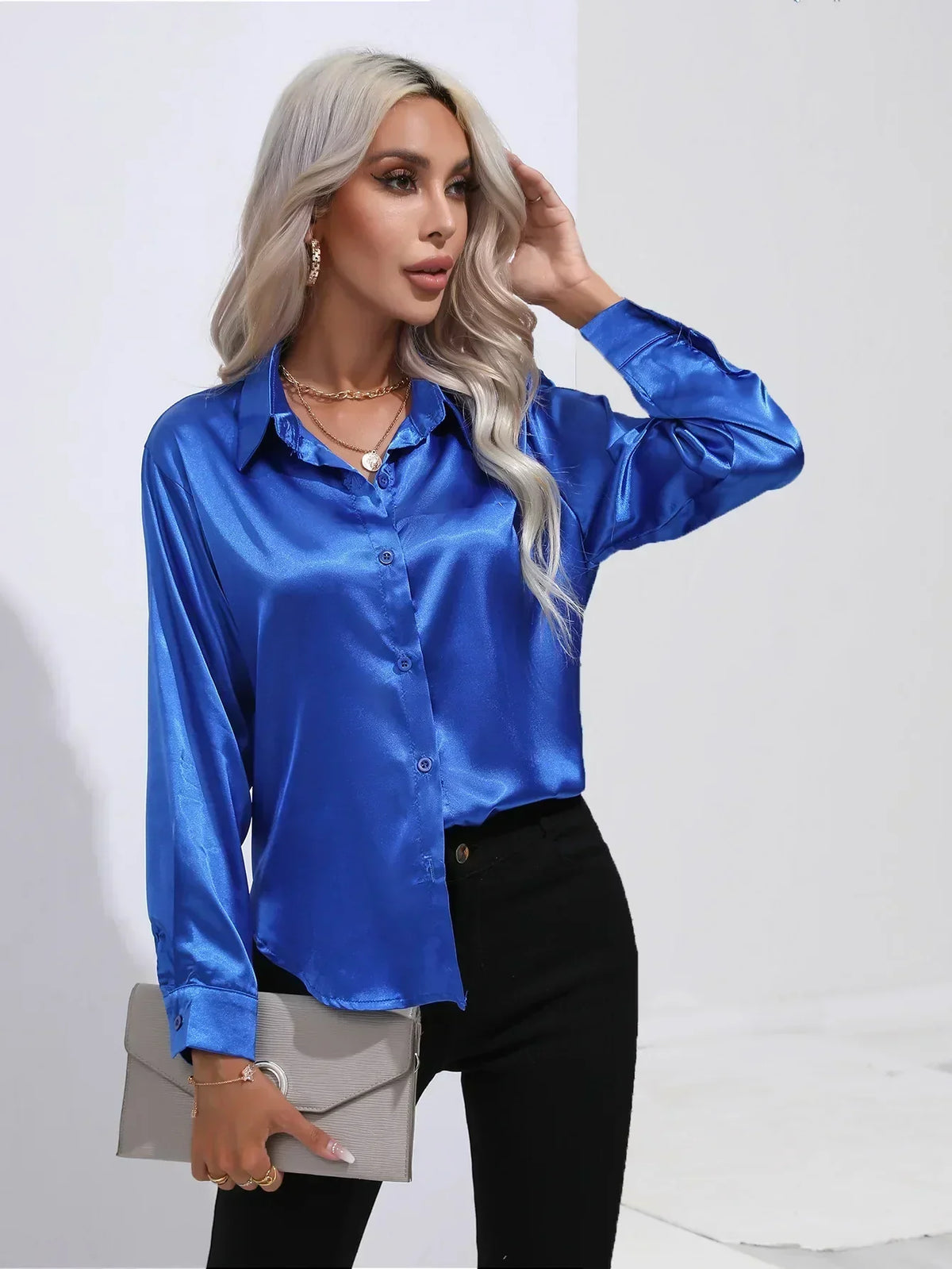 Ladies Luxe Satin Blouse with Collar and Curved Hem