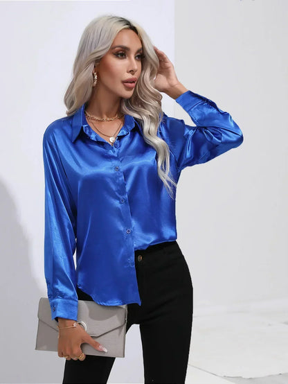 Ladies Luxe Satin Blouse with Collar and Curved Hem