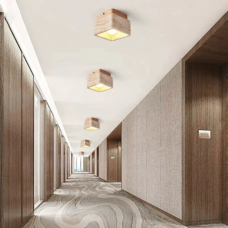 Nordic LED Ceiling Lamp made of Travertine Stone and Wood