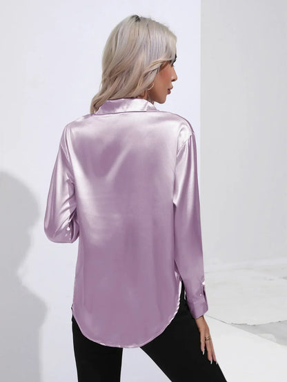 Ladies Luxe Satin Blouse with Collar and Curved Hem