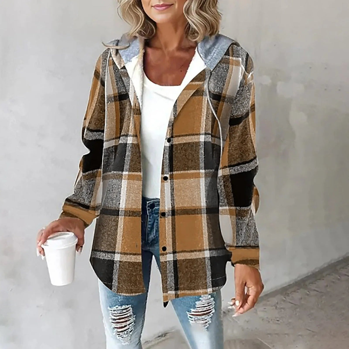 Ladies' Casual Checked Shirt Jacket with Hood and Drawstring