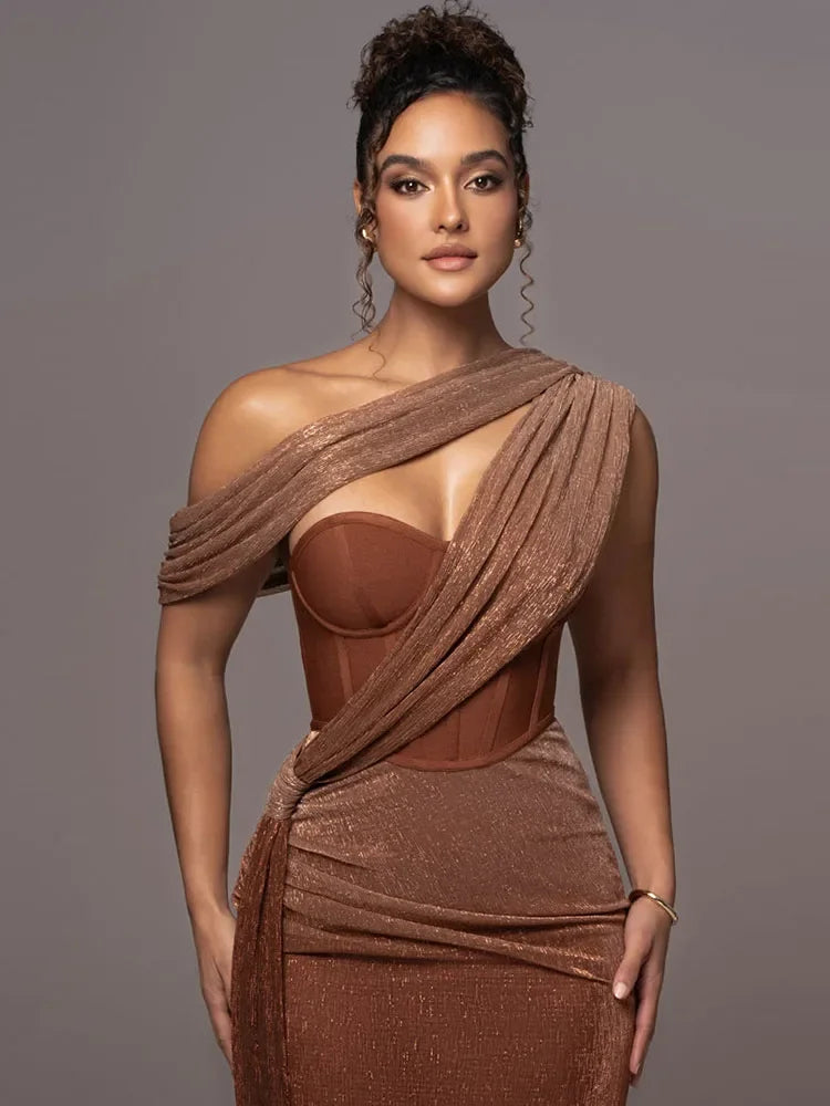 Shiny One-Shoulder Evening Dress with Split Long Evening Gown for Women