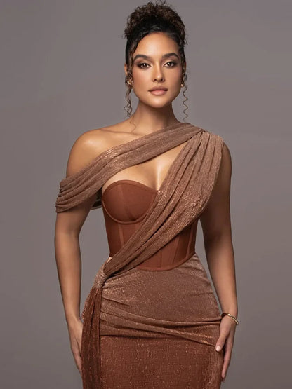 Shiny One-Shoulder Evening Dress with Split Long Evening Gown for Women