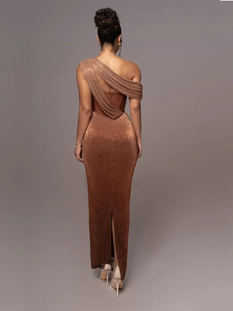 Shiny One-Shoulder Evening Dress with Split Long Evening Gown for Women