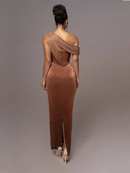 Shiny One-Shoulder Evening Dress with Split Long Evening Gown for Women
