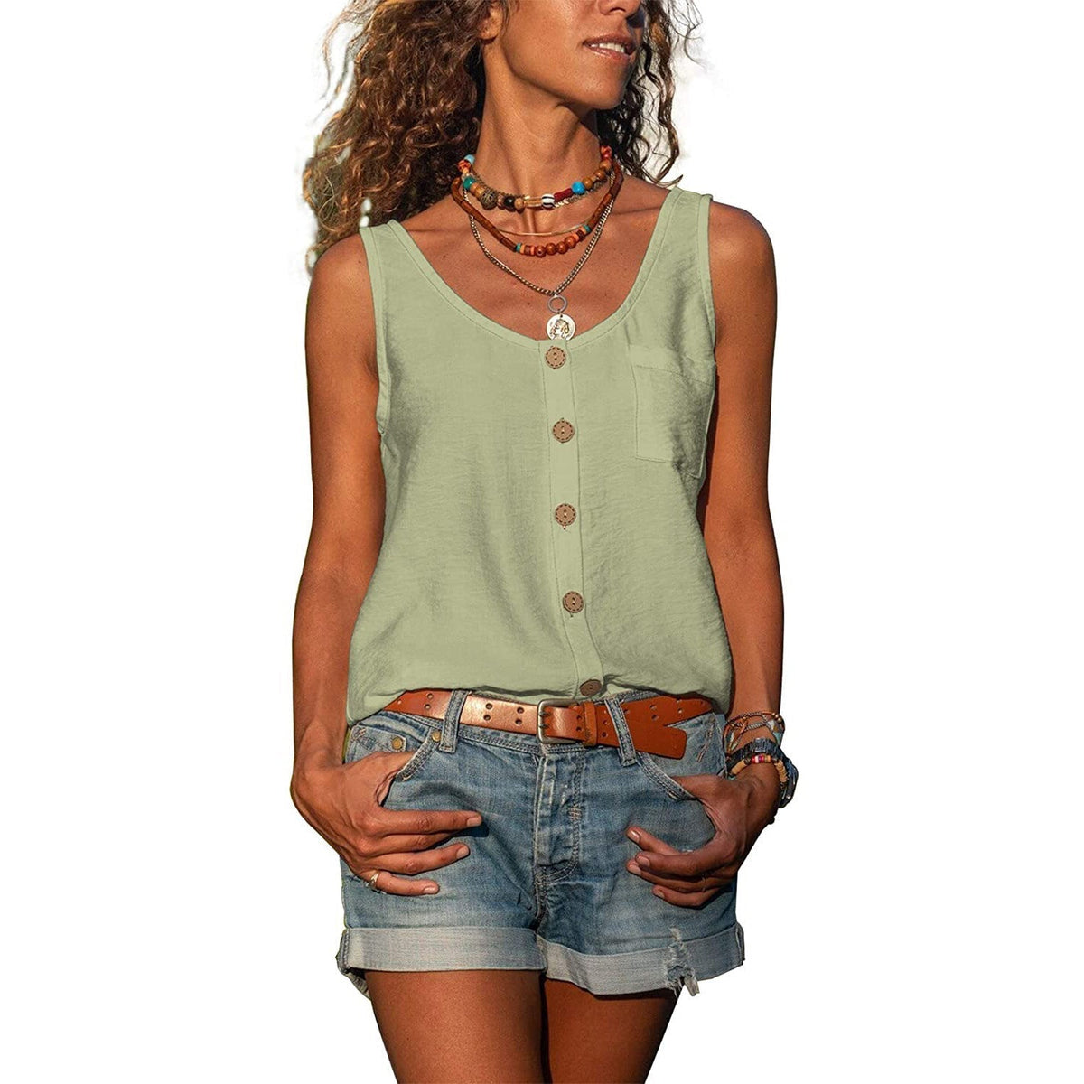 Tank Top with Buttons and Round Neck