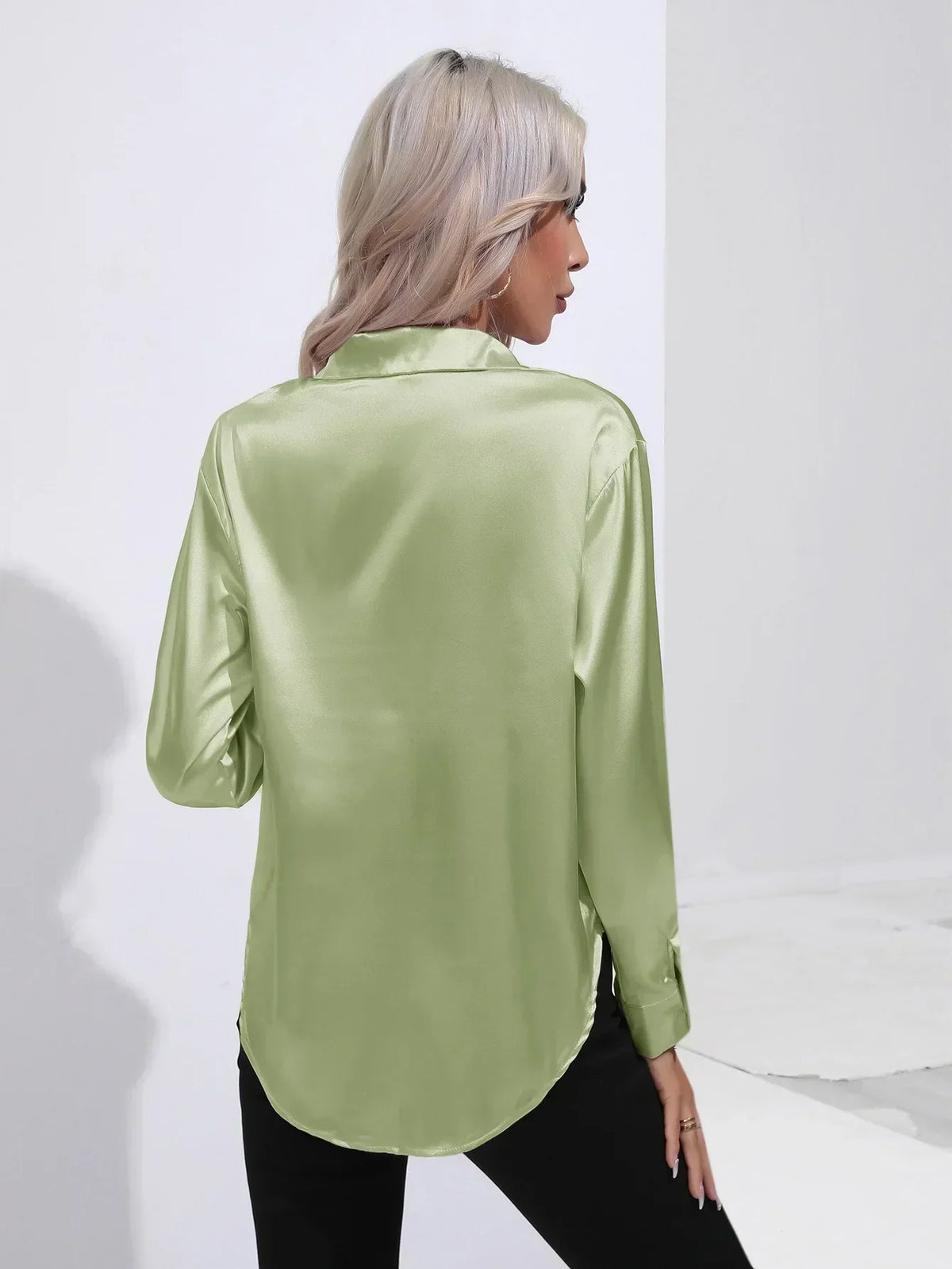 Ladies Luxe Satin Blouse with Collar and Curved Hem