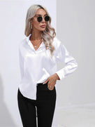 Ladies Luxe Satin Blouse with Collar and Curved Hem