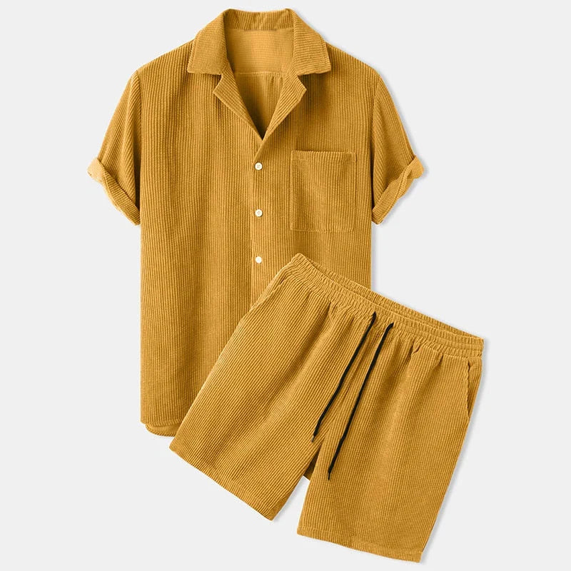 Ribbed Summer Clothing Set for Men - Shorts with Polo Shirt