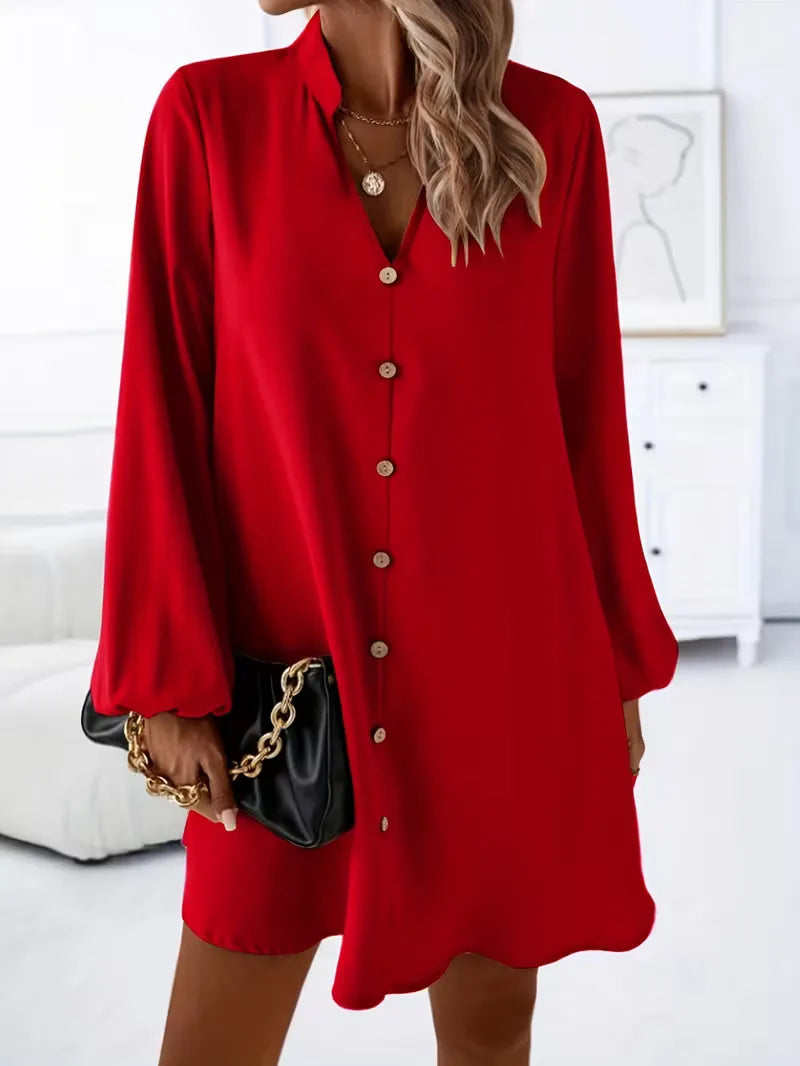 Shirt dress with V-neck and long sleeves