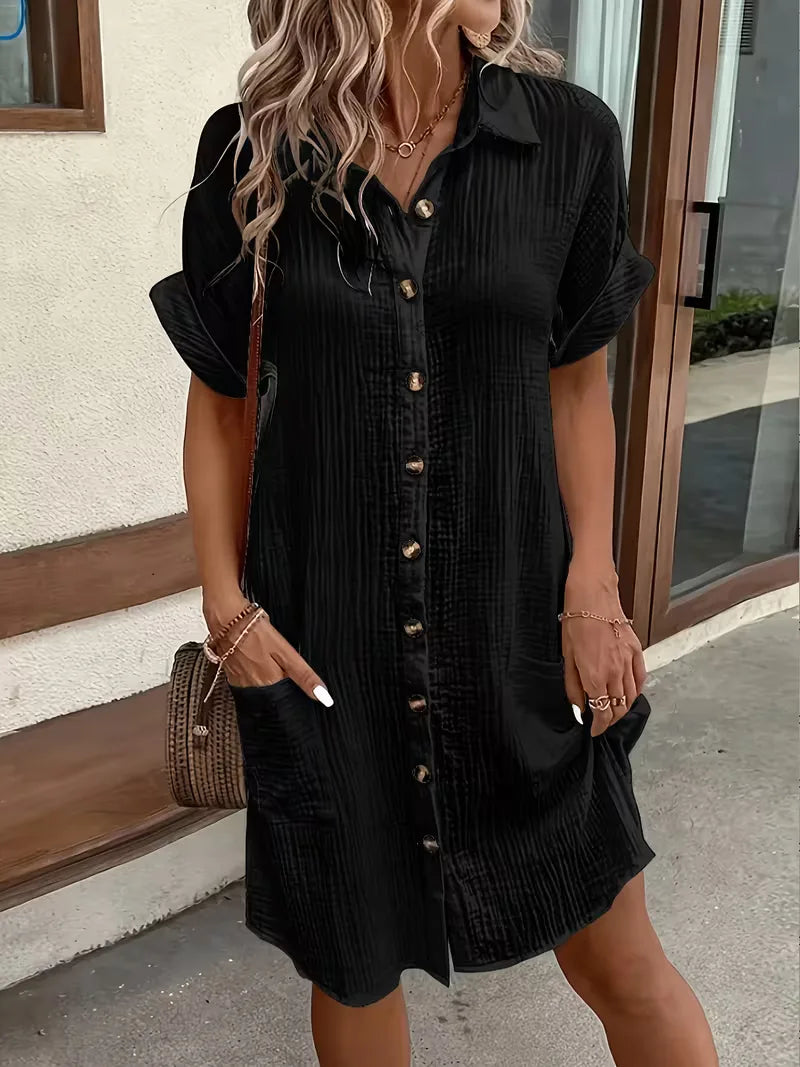 Shirt dress with V-neck and short sleeves
