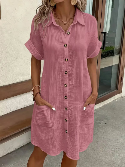 Shirt dress with V-neck and short sleeves