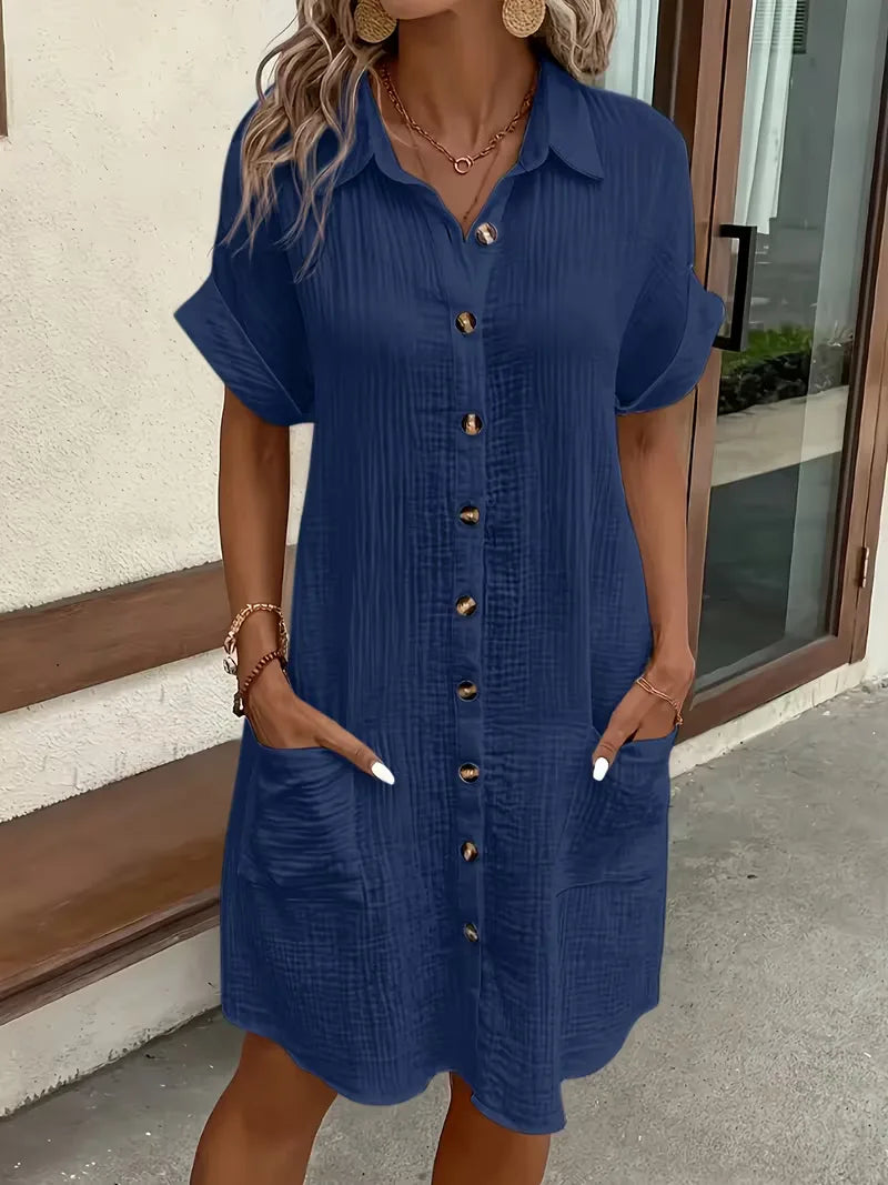 Shirt dress with V-neck and short sleeves