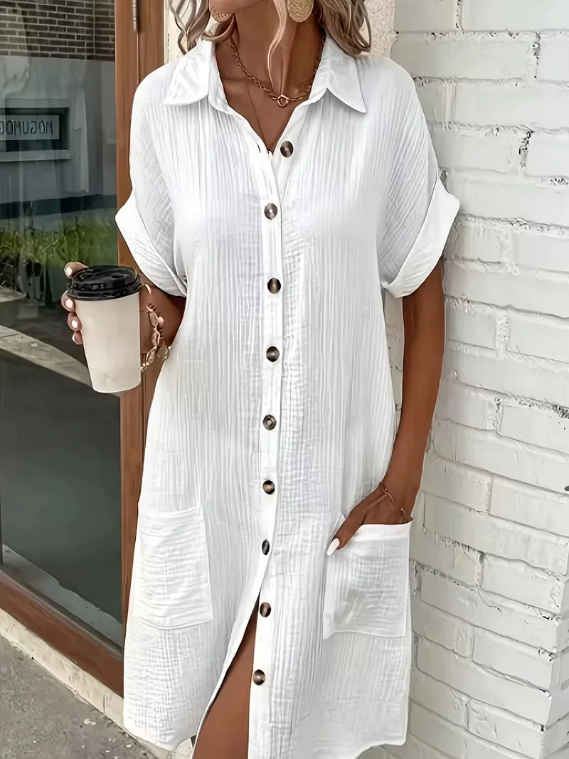 Shirt dress with V-neck and short sleeves