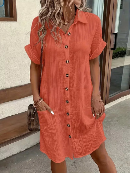 Shirt dress with V-neck and short sleeves