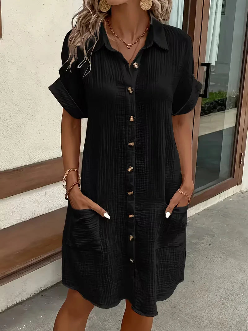 Shirt dress with V-neck and short sleeves