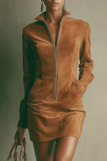 Short suede dress with high zip and long sleeves