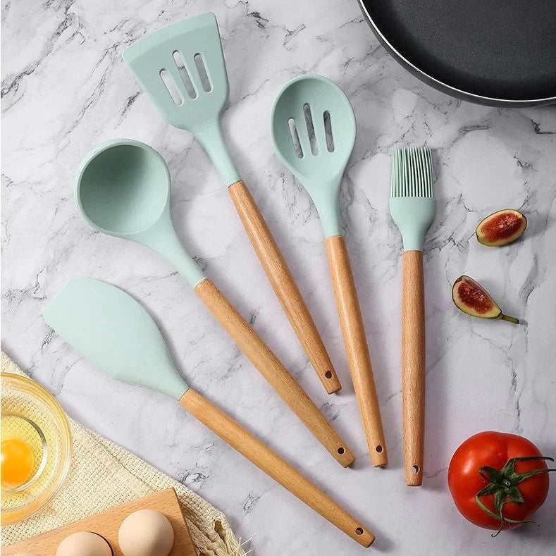 Non-Stick Silicone Cookware Set - Wooden Handles - Durable and Functional