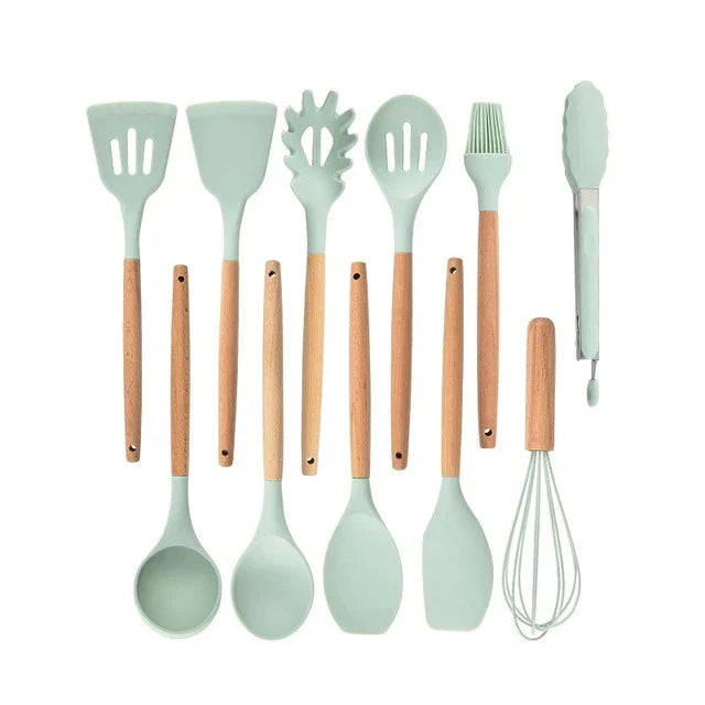 Non-Stick Silicone Cookware Set - Wooden Handles - Durable and Functional