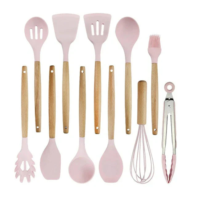 Non-Stick Silicone Cookware Set - Wooden Handles - Durable and Functional