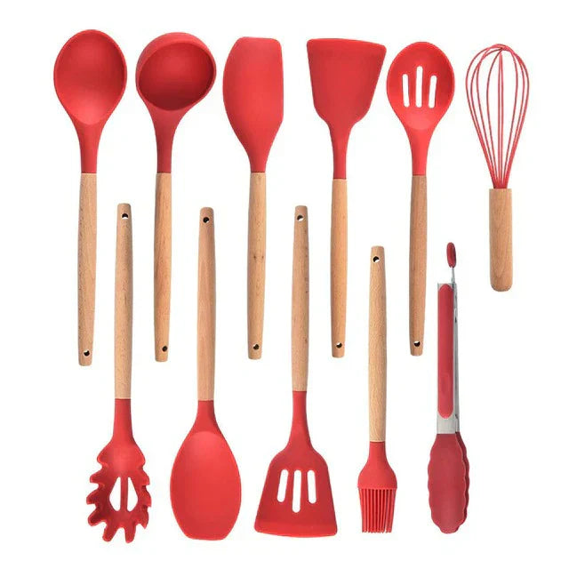 Non-Stick Silicone Cookware Set - Wooden Handles - Durable and Functional