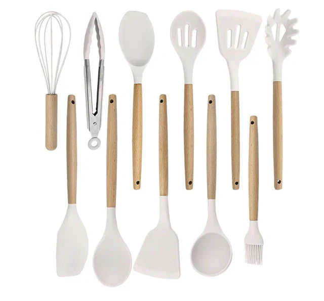 Non-Stick Silicone Cookware Set - Wooden Handles - Durable and Functional