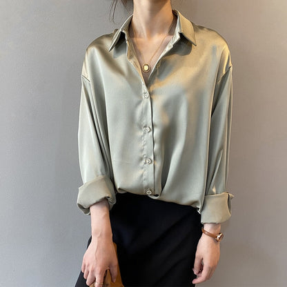 Ladies Luxe Satin Blouse with Wide Cuffs