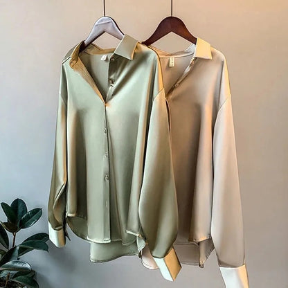 Ladies Luxe Satin Blouse with Wide Cuffs