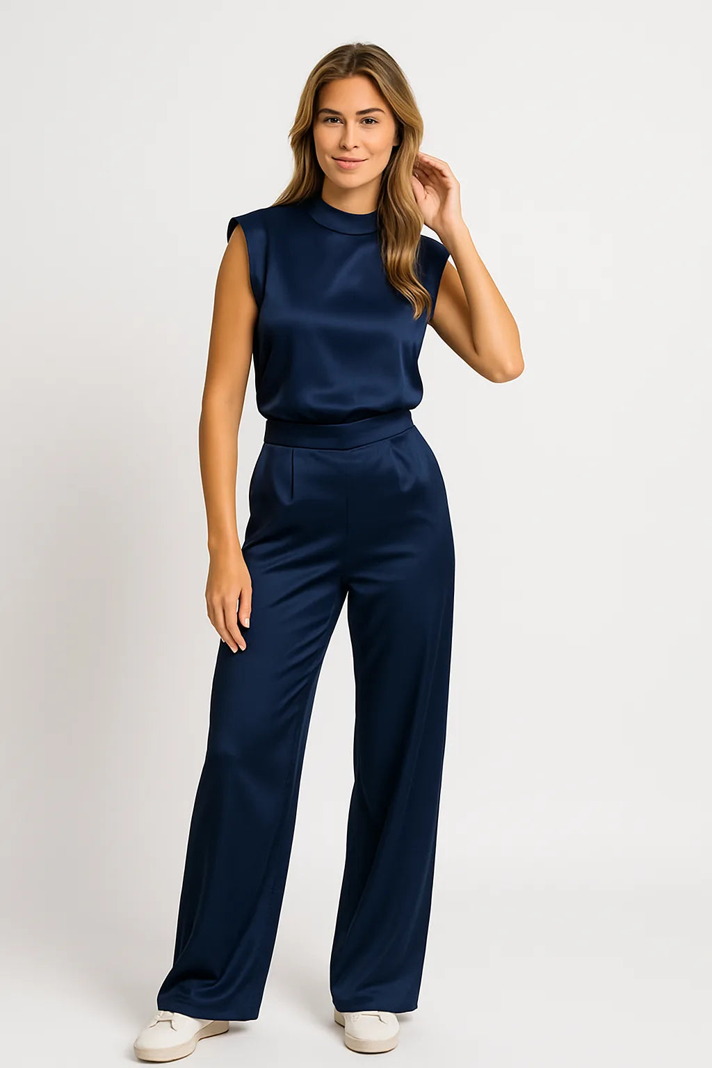 Sleeveless jumpsuit with luxurious satin look and wide legs