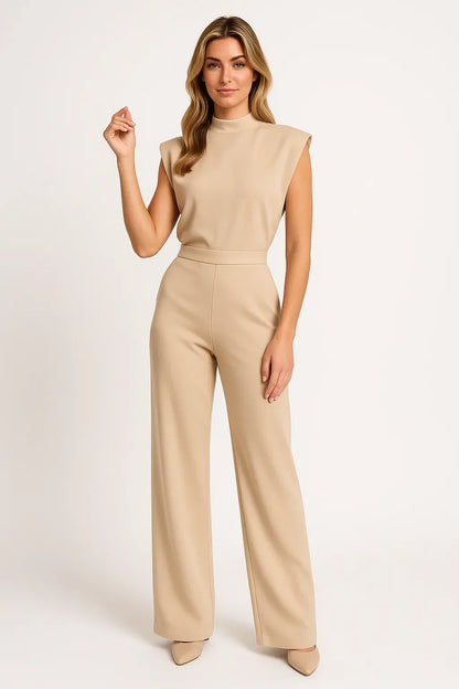 Sleeveless jumpsuit with luxurious satin look and wide legs