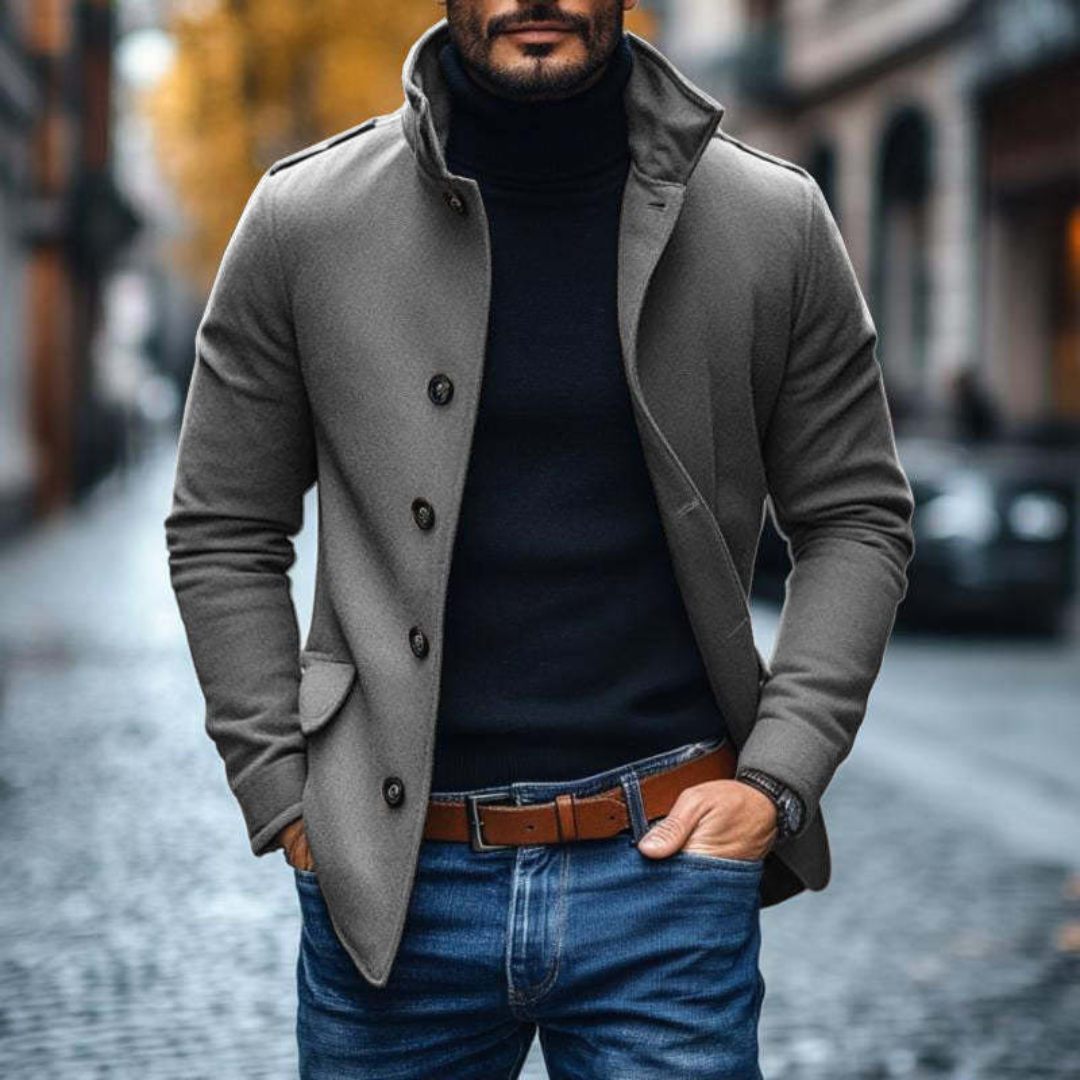 Slim fit jacket with stand-up collar and buttons