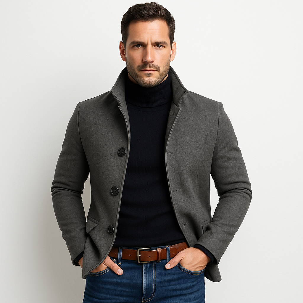 Slim fit jacket with stand-up collar and buttons