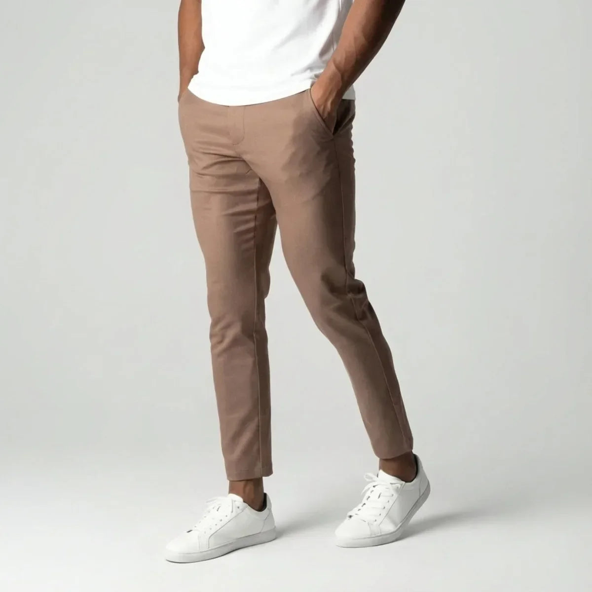 Pantalon slim marron clair extensible avec taille élastique