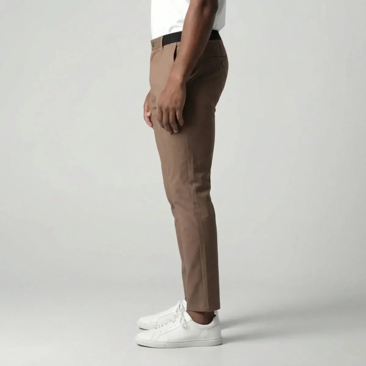 Slim fit light brown stretch trousers with elastic waistband