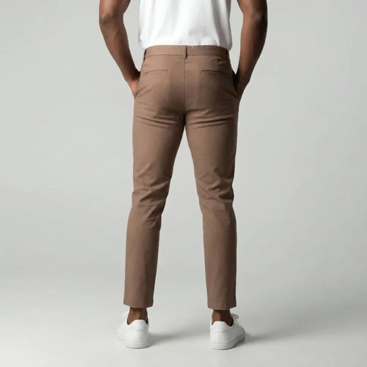 Slim fit light brown stretch trousers with elastic waistband