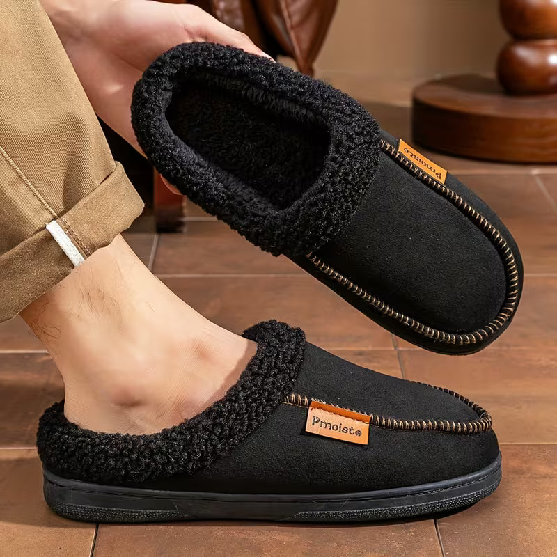 Slip-on slippers with plush trim for comfort