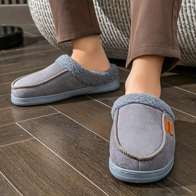 Slip-on slippers with plush trim for comfort