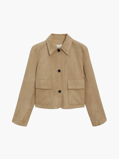 Chaqueta corta beige para mujer, de piel sintética con efecto ante y bolsillos con solapa