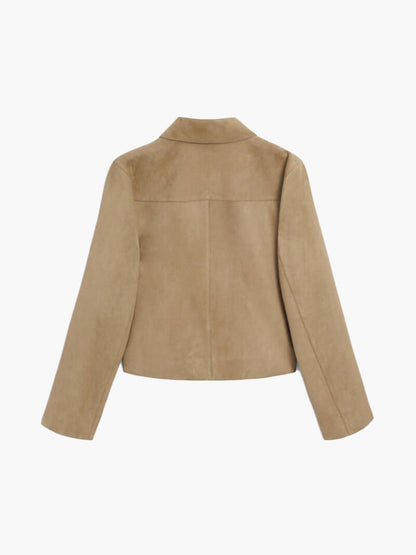 Chaqueta corta beige para mujer, de piel sintética con efecto ante y bolsillos con solapa