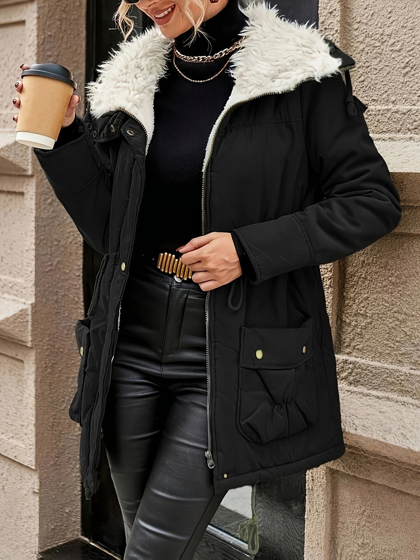 Sophie | Warm zip-up faux fur jacket with drawstring waist
