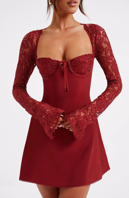 Luxe Mini Dress with Lace and Long Sleeves for Women